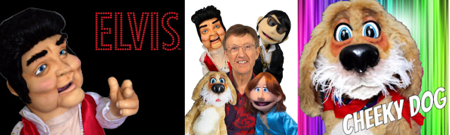 David Tomkins and puppets Elvis, Roy Orbison, Bjorn from Abba and Cheeky Dog