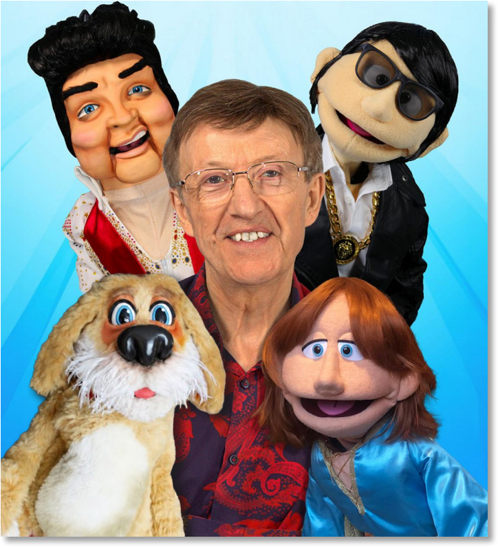 David Tomkins with puppets, Elvis, Roy Orbison, Cheeky Dog and Bjorn from Abba
